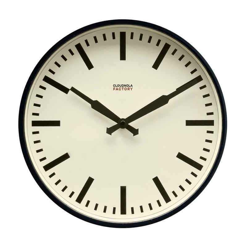 Cloudnola Station Metal Wall Clock, Black and White, 12 inch Diameter, Silent Non Ticking, Battery Operated Quartz Movement - Image 1